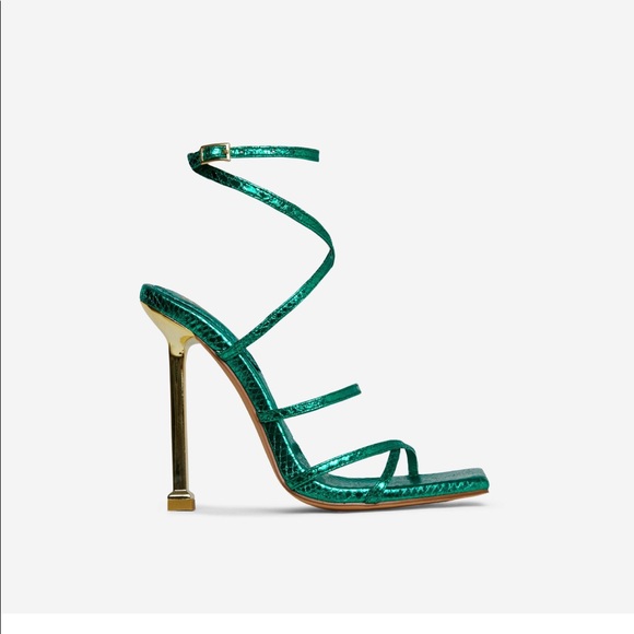 EGO Shoes - STRAPPY SQUARE TOE METALLIC STILETTO HEEL IN GREEN SNAKE PRINT FAUX LEATHER
